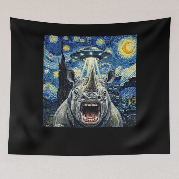 Item preview, Rhino Starry Night UFO Van Gogh Art Animal Selfie Lover designed and sold by Kimberley King Art  King Art.