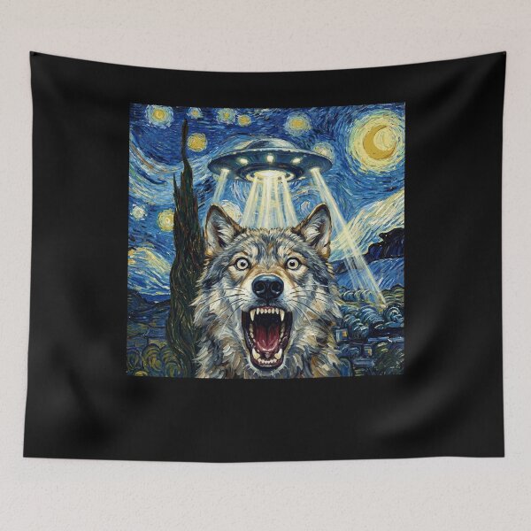 Item preview, Wolf Starry Night UFO Van Gogh Art Animal Selfie Lover designed and sold by Kimberley King Art  King Art.