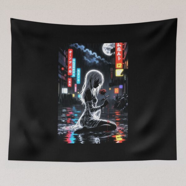Item preview, Neon Rain Anime Girl with Red Rose designed and sold by Amber Sky Creations.