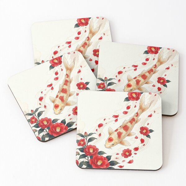 Item preview, Serene Japanese Koi Fish and Vibrant Red Camellias - Wa-Modern Art designed and sold by Hikariha Studio.