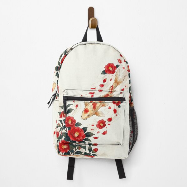 Item preview, Serene Japanese Koi Fish and Vibrant Red Camellias - Wa-Modern Art designed and sold by Hikariha Studio.