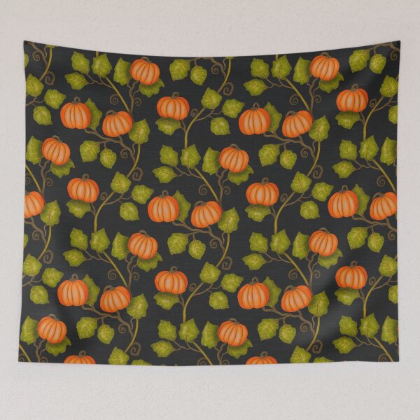 Item preview, Pumpkin plants with bright orange pumpkins for Halloween or Thanksgiving on a dark background designed and sold by Sonja Birkelbach.