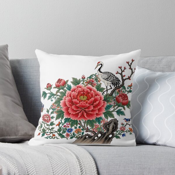 Item preview, Red Peonies on a Scholar’s Rock with Mincho Crane | Korean Minhwa Folk Art designed and sold by K-Tradition.