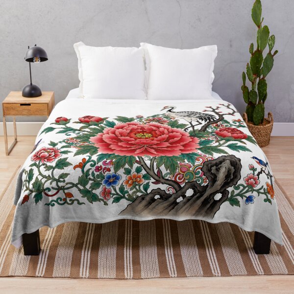 Item preview, Red Peonies on a Scholar’s Rock with Mincho Crane | Korean Minhwa Folk Art designed and sold by K-Tradition.
