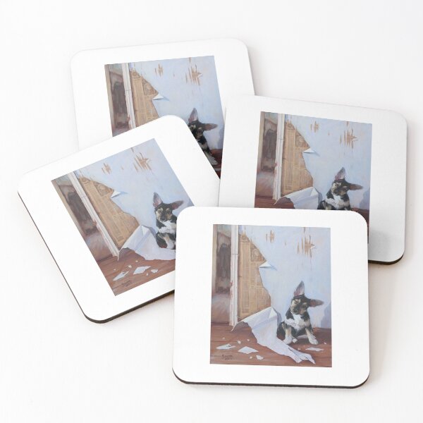 Item preview, Naughty Puppy Destroyed Wallpaper Guilty Dog Painting designed and sold by MEEGGOO.