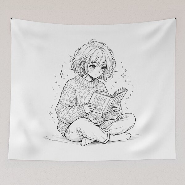 Item preview, Cozy Anime Girl Reading Book In Oversized Sweater Manga Lineart designed and sold by The Cozy Chapter.