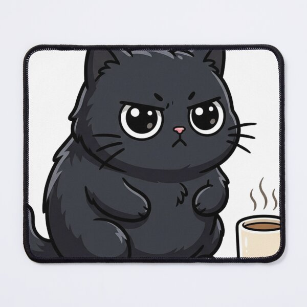 Item preview, Funny Grumpy Black Cat with Coffee Cup Chibi Anime designed and sold by The Cozy Chapter.