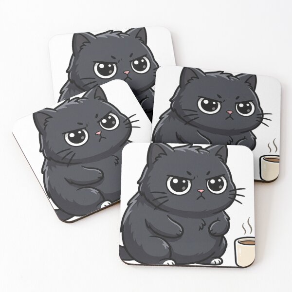 Item preview, Funny Grumpy Black Cat with Coffee Cup Chibi Anime designed and sold by The Cozy Chapter.