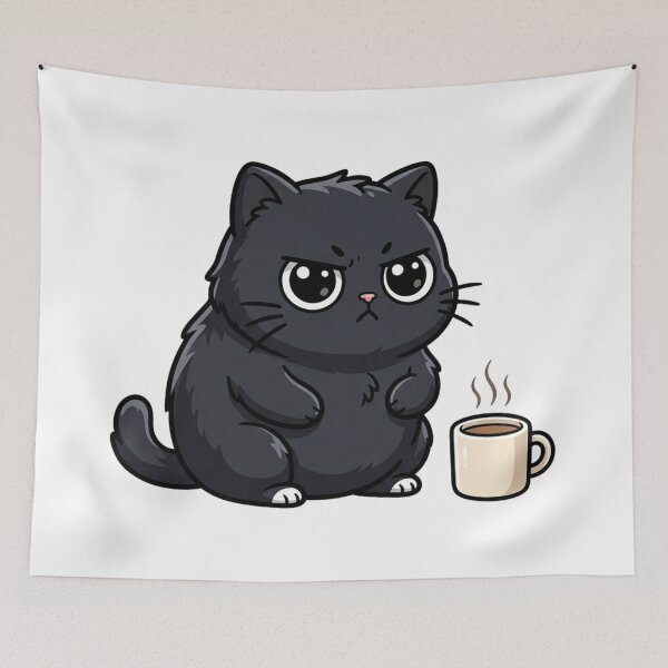 Item preview, Funny Grumpy Black Cat with Coffee Cup Chibi Anime designed and sold by The Cozy Chapter.