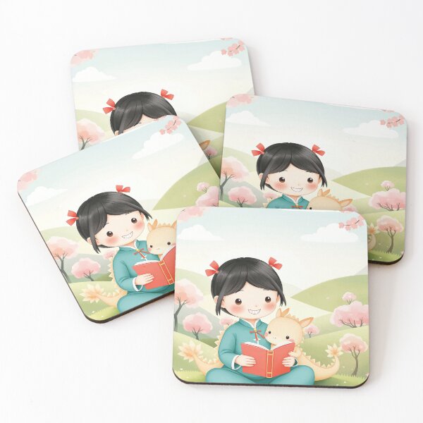 Item preview, Cute Girl Reading with Baby Dinosaur – Kawaii Kids Illustration designed and sold by Artimax-Studio.