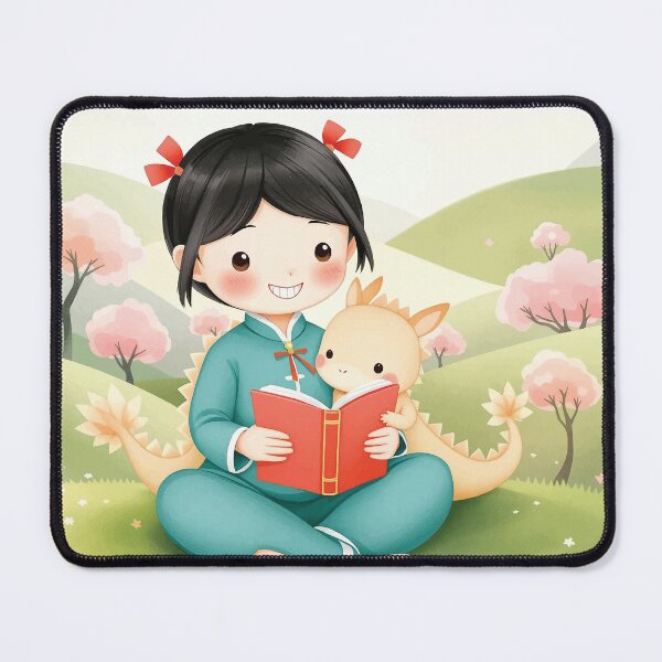 Item preview, Cute Girl Reading with Baby Dinosaur – Kawaii Kids Illustration designed and sold by Artimax-Studio.