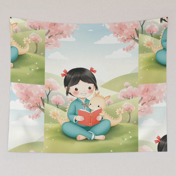 Item preview, Cute Girl Reading with Baby Dinosaur – Kawaii Kids Illustration designed and sold by Artimax-Studio.
