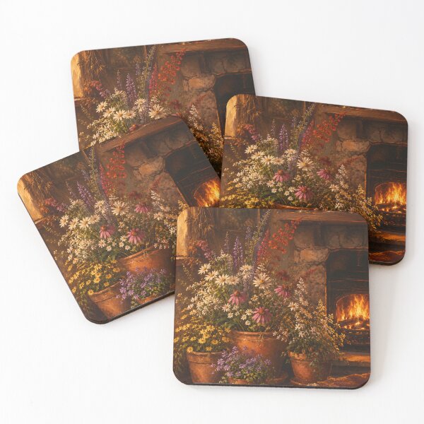 Item preview, Cozy Floral Hearth Oil Painting Dark Cottagecore Fireplace Art designed and sold by ChubbyGoong.