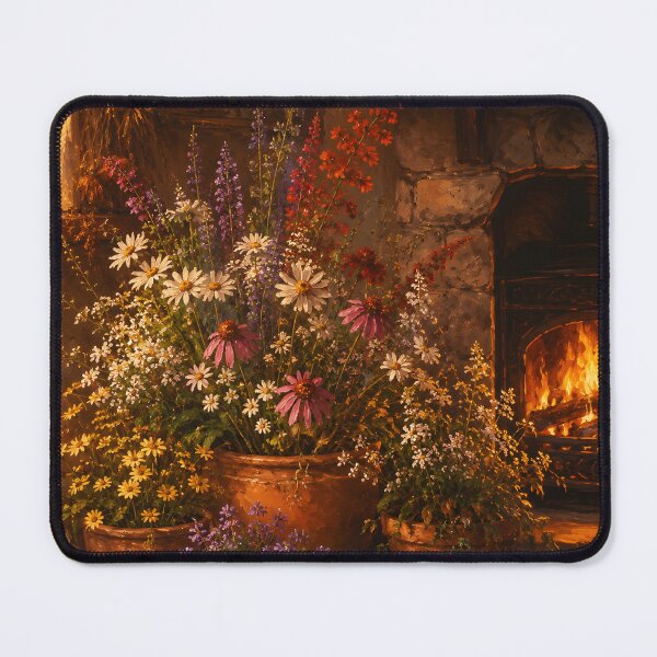 Item preview, Cozy Floral Hearth Oil Painting Dark Cottagecore Fireplace Art designed and sold by ChubbyGoong.