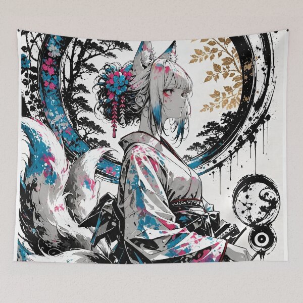 Item preview, Mystical Fox Spirit Shrine Maiden | Japanese Fantasy Kitsune Art Print | Anime-Inspired Wall Decor designed and sold by Dyan4.