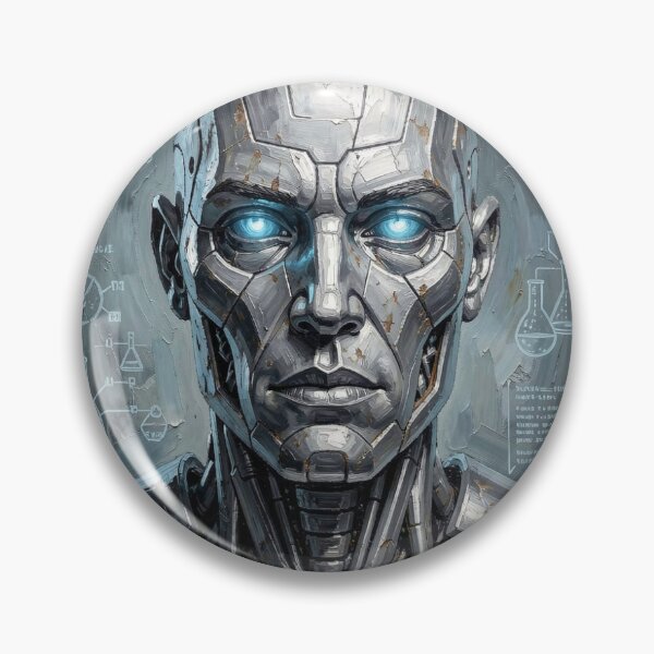 Item preview, Stoic android portrait in impasto style with futuristic scientific symbols and diagrams designed and sold by FotoworldEdel.