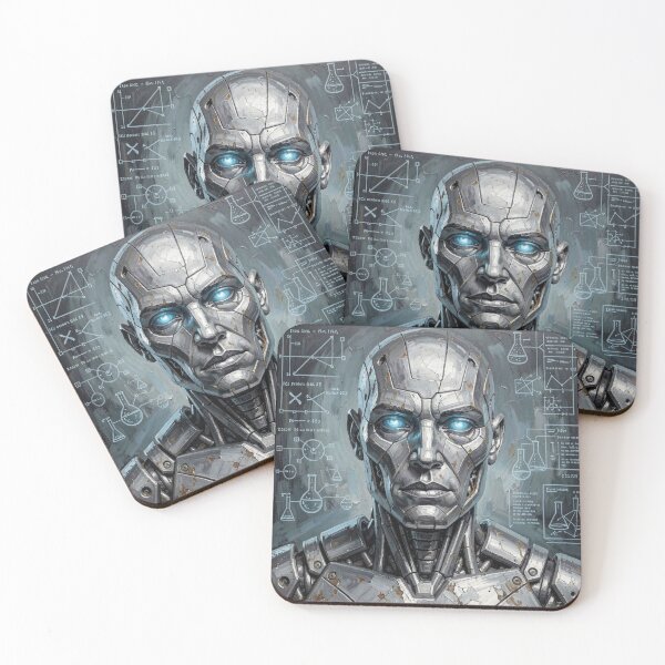Item preview, Stoic android portrait in impasto style with futuristic scientific symbols and diagrams designed and sold by FotoworldEdel.