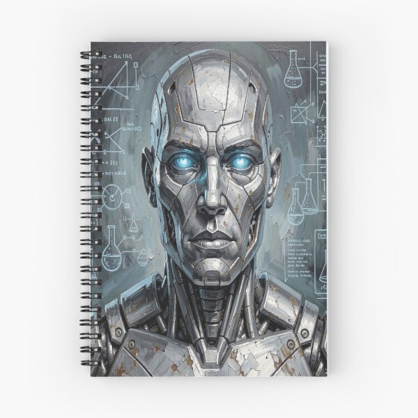 Item preview, Stoic android portrait in impasto style with futuristic scientific symbols and diagrams designed and sold by FotoworldEdel.