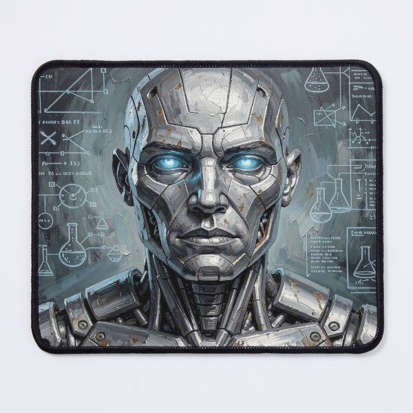 Item preview, Stoic android portrait in impasto style with futuristic scientific symbols and diagrams designed and sold by FotoworldEdel.