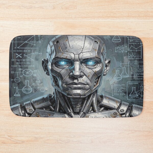 Item preview, Stoic android portrait in impasto style with futuristic scientific symbols and diagrams designed and sold by FotoworldEdel.