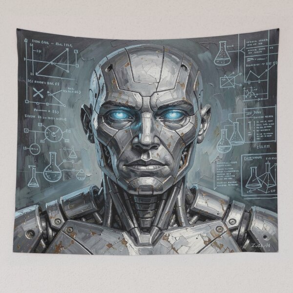 Item preview, Stoic android portrait in impasto style with futuristic scientific symbols and diagrams designed and sold by FotoworldEdel.