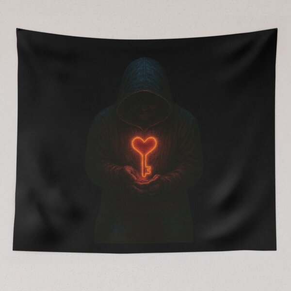 Item preview, Heart Key of Light – Hooded Shadow Holding a Glowing Symbol designed and sold by Timeless Junction.
