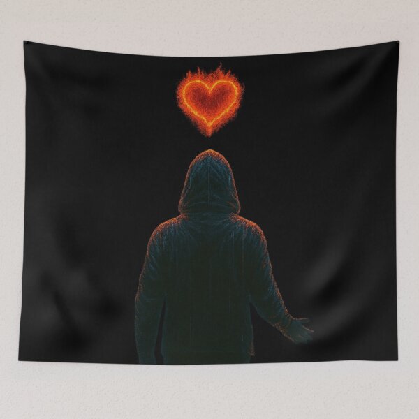 Item preview, Flaming Heart Above – Hooded Shadow Silhouette in Darkness designed and sold by Timeless Junction.