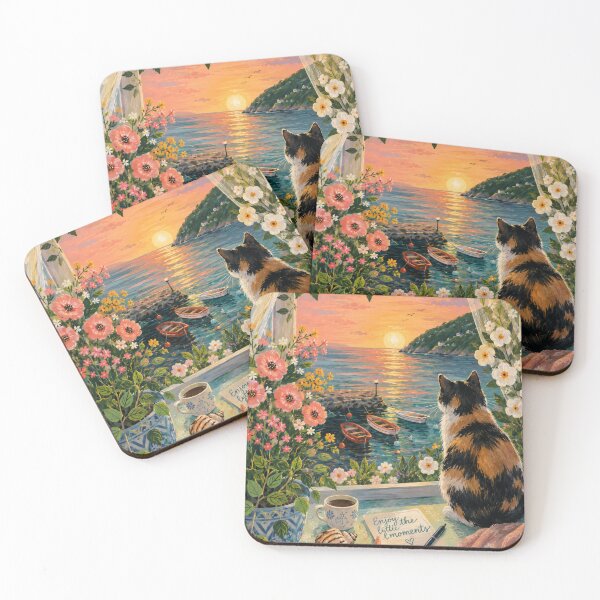 Artikelvorschau, Grußkarte „Genieße die kleinen Momente“ mit Katze – Niedliche dreifarbige Katze, Küsten-Sonnenuntergang, florale Inspirationskarte entworfen und verkauft von IconicDesignsXd.