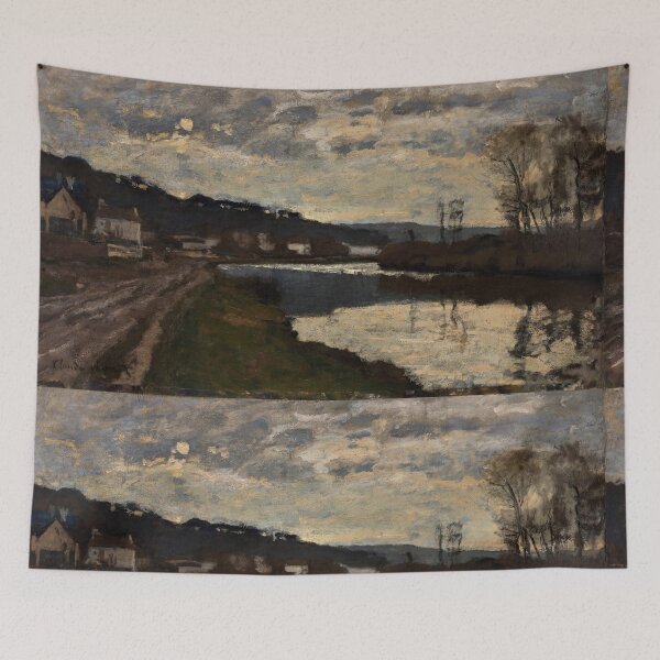 Item preview, Twilight River Landscape with Cottages designed and sold by artofuniverse.