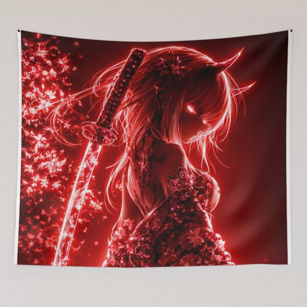 Item preview, Crimson Oni Samurai Anime Girl | Red Aesthetic Demon Warrior Katana Art Print designed and sold by Dyan4.