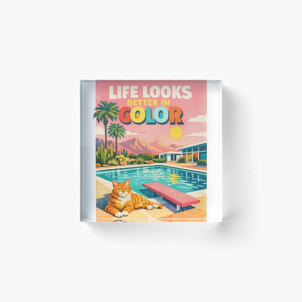 Item preview, Life Looks Better in Color – Retro Desert Pool Cat Mid-Century Modern Summer Illustration designed and sold by MedRoh.