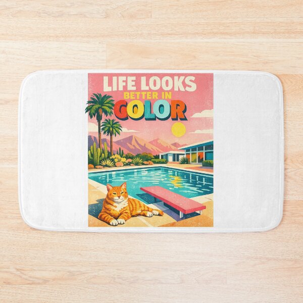 Item preview, Life Looks Better in Color – Retro Desert Pool Cat Mid-Century Modern Summer Illustration designed and sold by MedRoh.