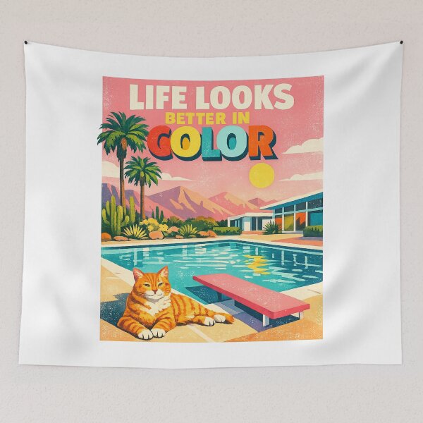 Item preview, Life Looks Better in Color – Retro Desert Pool Cat Mid-Century Modern Summer Illustration designed and sold by MedRoh.