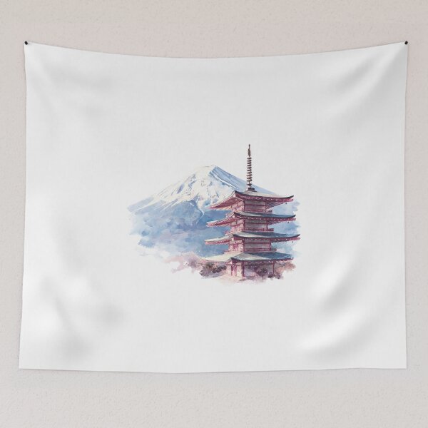 Item preview, Watercolor Mount Fuji & Pagoda Landscape Graphic designed and sold by RickTShop.