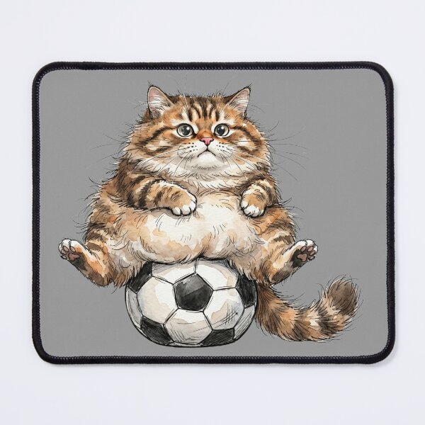 Item preview, Funny Fluffy Tabby Cat Sitting on Soccer Ball Watercolor Art designed and sold by BreezifyDesignStudio.