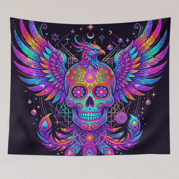 Item preview, Psychedelic Neon Phoenix Sugar Skull with Celestial Peacock Wings designed and sold by MT-Hub | Cute Aesthetic Art, Stickers & Phone Cases.