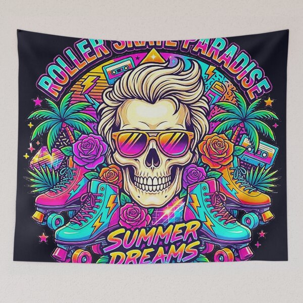 Item preview, Retro 80s Roller Skate Paradise Skull - Summer Dreams Synthwave designed and sold by MT-Hub | Cute Aesthetic Art, Stickers & Phone Cases.