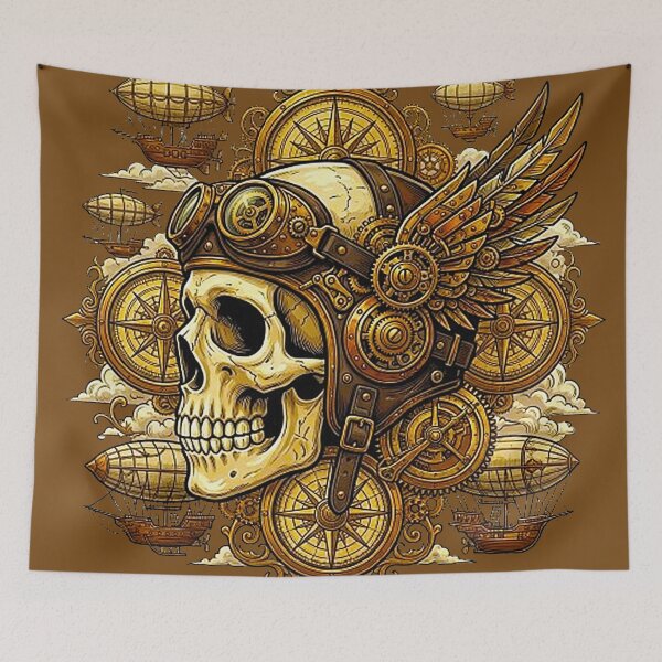 Item preview, Steampunk Aviator Skull with Winged Helmet and Airships designed and sold by MT-Hub | Cute Aesthetic Art, Stickers & Phone Cases.