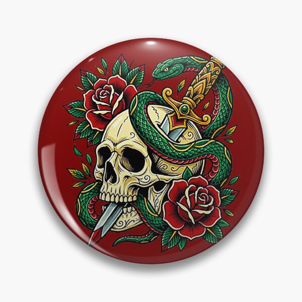 Item preview, Traditional Tattoo Skull with Dagger Snake and Red Roses designed and sold by MT-Hub | Cute Aesthetic Art, Stickers & Phone Cases.
