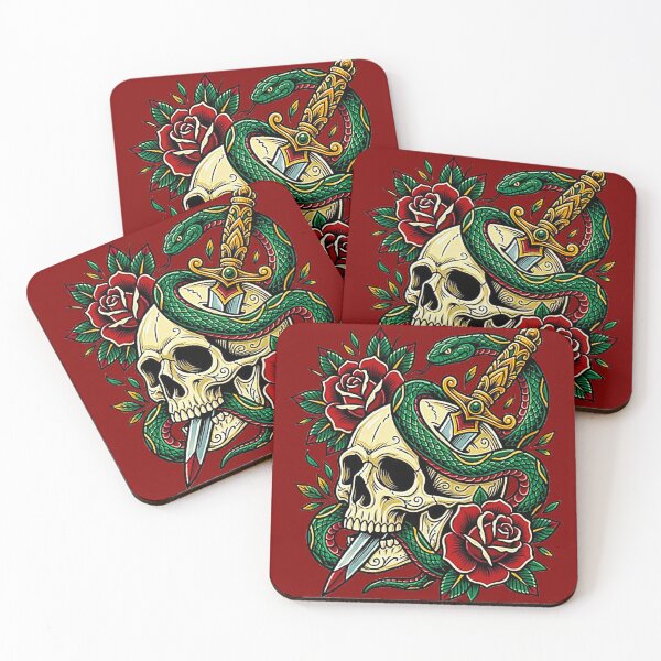 Item preview, Traditional Tattoo Skull with Dagger Snake and Red Roses designed and sold by MT-Hub | Cute Aesthetic Art, Stickers & Phone Cases.