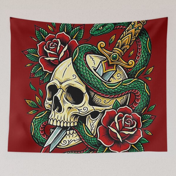Item preview, Traditional Tattoo Skull with Dagger Snake and Red Roses designed and sold by MT-Hub | Cute Aesthetic Art, Stickers & Phone Cases.
