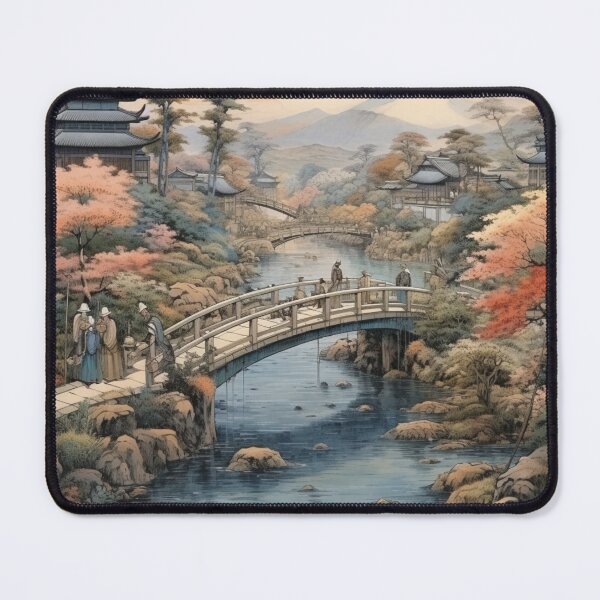 Item preview, Traditional Japanese Illustration - Japanese Villagers Crossing a Bridge designed and sold by DaisukiTokyo.