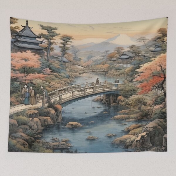 Item preview, Traditional Japanese Illustration - Japanese Villagers Crossing a Bridge designed and sold by DaisukiTokyo.