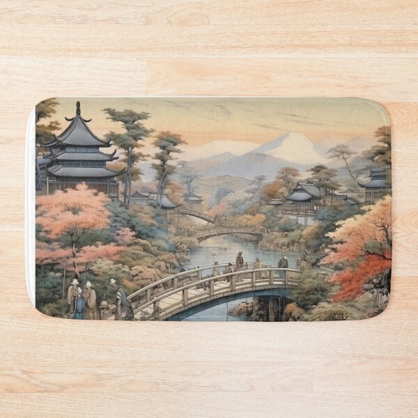 Item preview, Traditional Japanese Illustration - Japanese Villagers Crossing a Bridge designed and sold by DaisukiTokyo.