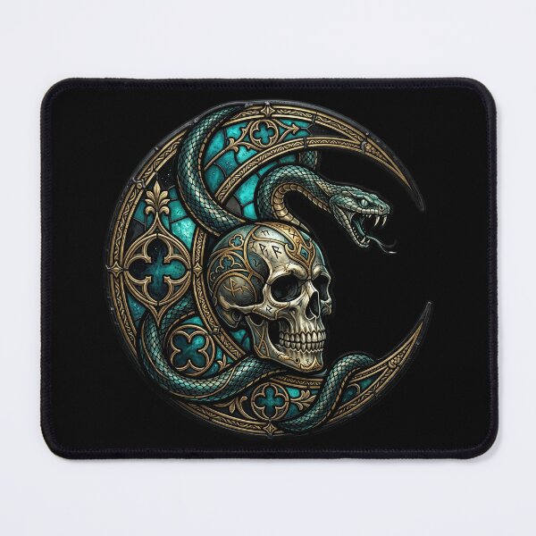 Item preview, Snake Crescent Moon Skull Stained Glass — Gothic Teal Gold Occult designed and sold by David Mateo ArtWorks.
