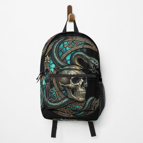 Item preview, Snake Crescent Moon Skull Stained Glass — Gothic Teal Gold Occult designed and sold by David Mateo ArtWorks.