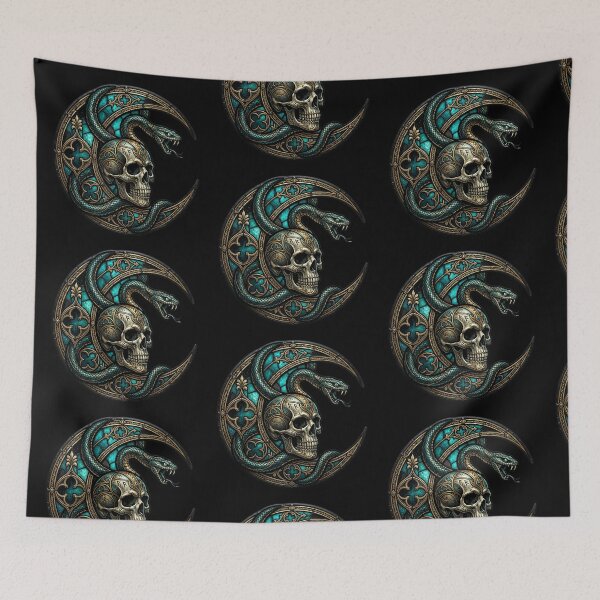 Item preview, Snake Crescent Moon Skull Stained Glass — Gothic Teal Gold Occult designed and sold by David Mateo ArtWorks.