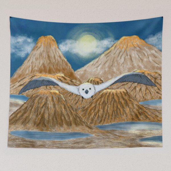 Item preview, A white bird flying over a mystical volcanic landscape designed and sold by greenPQBstudio.