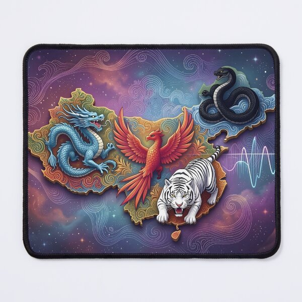 Item preview, Chinese Four Symbols Mythology Map - Azure Dragon Phoenix White Tiger Black Serpent Cosmic Wave Art designed and sold by Pioneer Spirit Market.