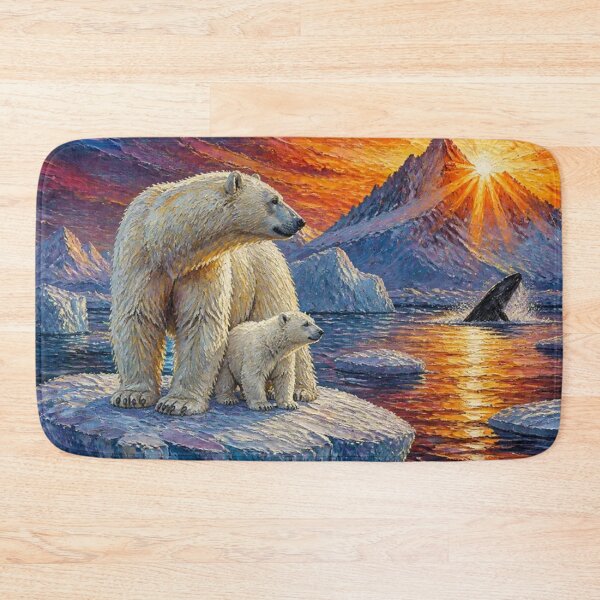 Item preview, Polar Bear Mother and Cub Arctic Sunset - Dramatic Wildlife Oil Painting designed and sold by Pioneer Spirit Market.